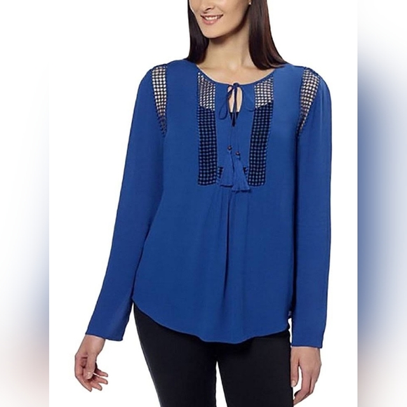 Joseph A Tops - Joseph A. Crochet Detail Blouse Size X-Large Deep Sapphire Blue Tassel Ties NEW